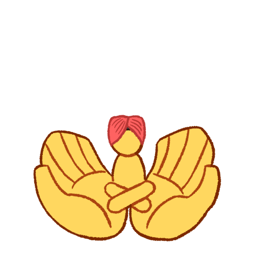 a drawing depicting a person sitting cross-legged being held by two large upwards-facing hands. there is a lot of empty space around them. they are wearing a pink turban.